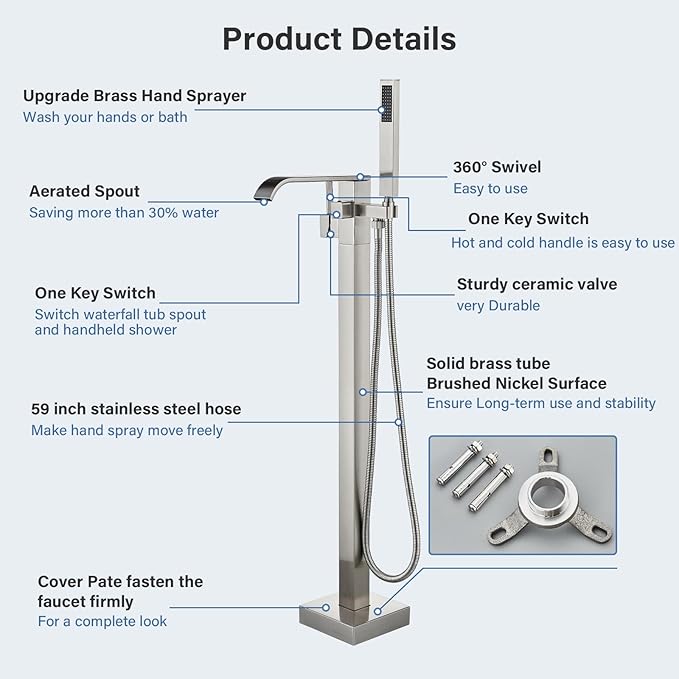 Freestanding Bathtub Faucet Brushed Nickel Tub Filler Floor Mount Single Handle Brass Tap with Handheld Shower and Swivel Mixer Spout