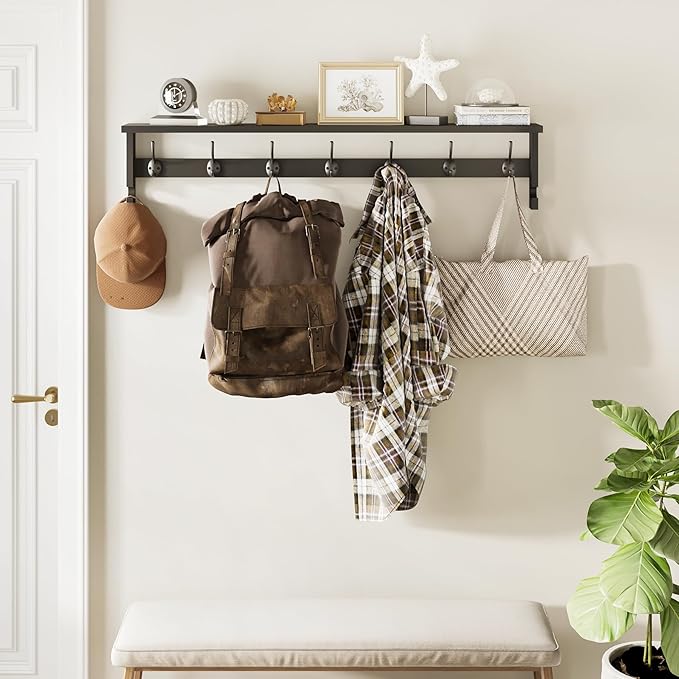 AMBIRD Coat Rack Wall Mount, Wood Coat Hooks with Shelf, Wall Key Holder with Shelf in Entryway, Kitchen, Living Room, Bathroom, Bedroom (Black)