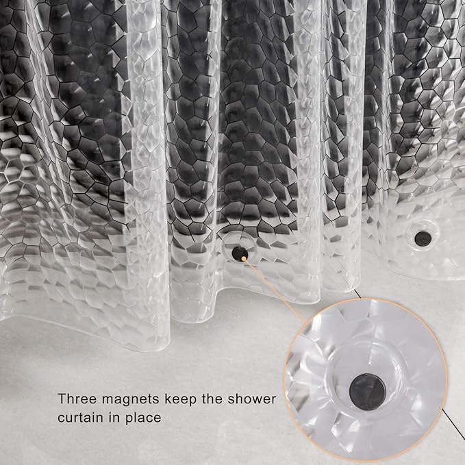 WELTRXE Shower Curtain Liner 8G EVA with 3 Magnets, Waterproof Clear Shower Curtains with 3D Water Cube Design, Heavy Duty Plastic Bathroom Shower Liner for Shower Stall, Bathtubs, 72 x 72,12 Hooks