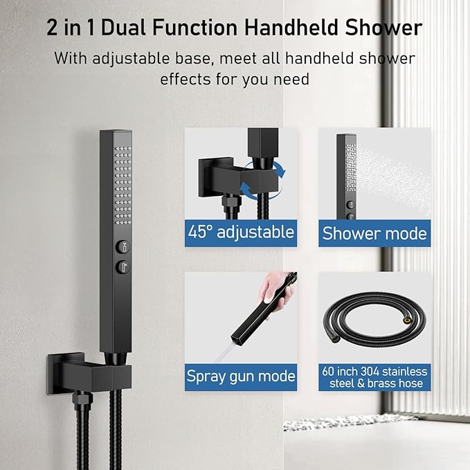 Shower Faucet Sets Shower System, 2 Head Shower System Rain Showerhead for Two People, Ceiling Mount Shower Fixtures with On Off Button Valve Body and Trim Kit Complete, 10+6" Matte Black