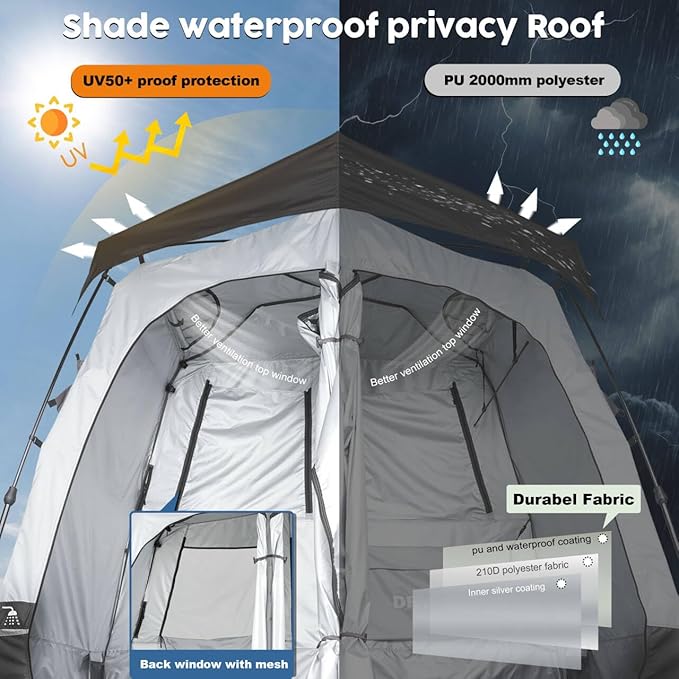 Camping Shower Tent Deluxe Changing Room Easy Set Up Privacy Shelter,Large Toilet Tent with Floor Drain Design for Beach, Camping,Hiking with Stakes and Ropes for Stability