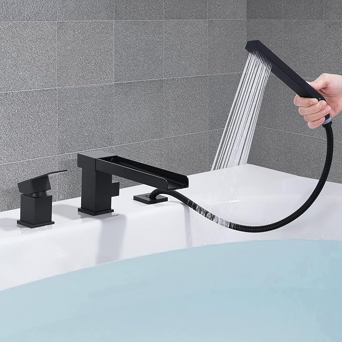 Waterfall Roman Tub Filler Faucet, Deck Mount Bathtub Filler with 360°Swivel Spout, 3 Holes Bathroom Tub Faucet with Sprayer, Matte Black