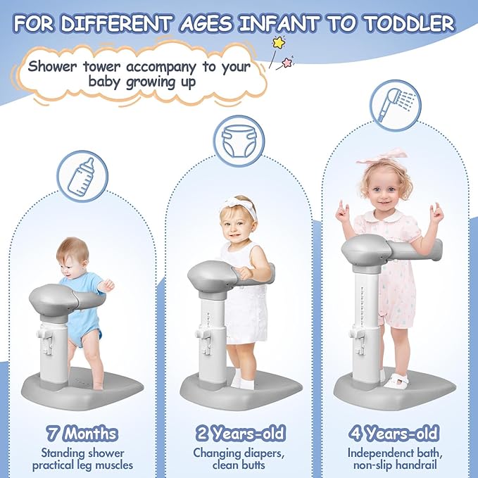 Adjustable Baby Bath Stand with Anti-Slip Base, Sturdy Baby Stand Up Shower, Huggable Bear Stand Bath Support for Babies 6 Months & up, Easy to Install | Anti-Pinch & Dumping, Mothers Hands-Free