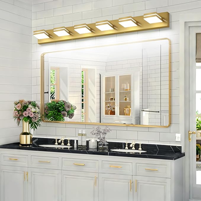 SineRise LED Modern Bathroom Vanity Light Fixtures (6-Light, 48-Inch), Brass Modern Acrylic Bathroom Wall Lighting Fixtures Over Mirror (Cool White 6000K)