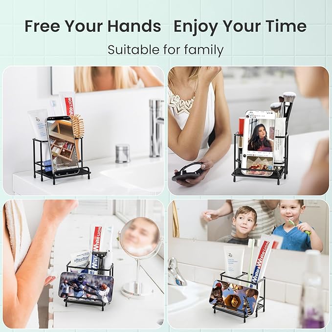 Mustry Toothbrush Holders for Bathrooms, Black Toothbrush Organizer with Front Ledge for Phone Holder, Stainless Steel Toothbrush and Toothpaste Holder Stand for Bathroom Countertop Accessories Storag
