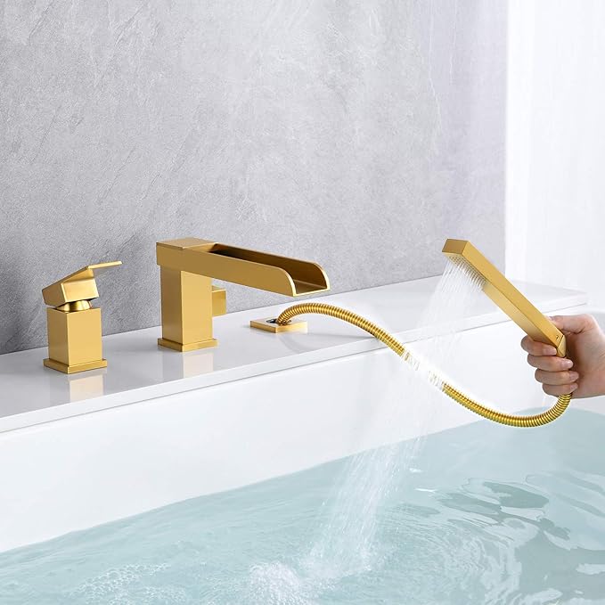 Waterfall Roman Tub Faucets Deck Mount Brushed Gold Bathtub Faucets Brass Tub Filler Bathroom Faucets with Hand Shower