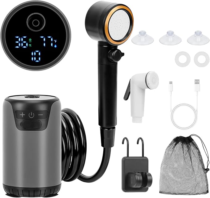 Portable Shower for Camping, Rechargeable Camping Shower Pump with LED Display & IPX8 Waterproof - High Pressure Electric Outdoor Shower for Hiking, Car Wash, Pet Bath, RV, Boat