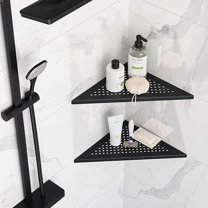 Neodrain 10 Inch Corner Matte Black Wall Shelf Set of 2, Floating Corner Shelves for Wall, 304 Stainless Steel Storage Shelves for Bathroom,No Drilling