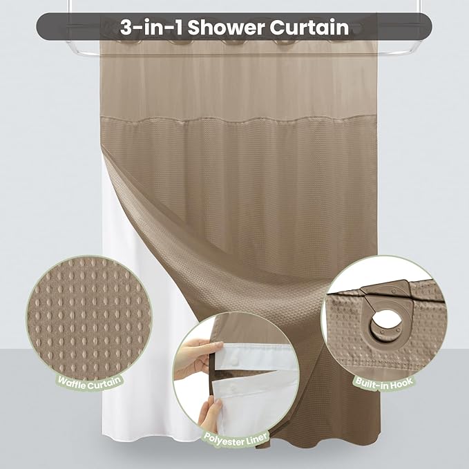 Inhousolu Long No Hook Shower Curtain with Snap in Fabric Liner Set Waffle Weave 230GSM Weighted Hem, Waterproof & Washable Bathroom Curtain Spa Luxury with Mesh Top Window 72" W x 78" L Beige