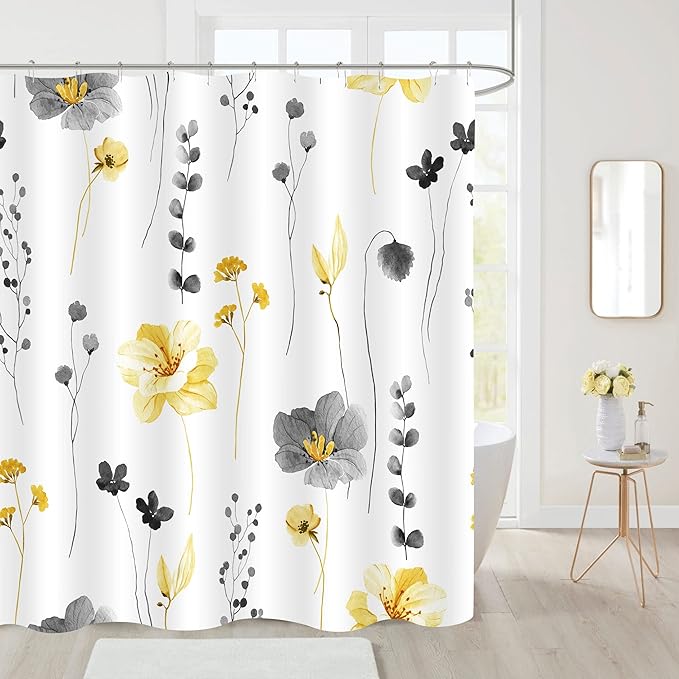 Gibelle Small Stall Shower Curtain 36 x 72, Narrow Half Watercolor Floral Fabric Shower Curtain, Yellow Grey Flower Decorative Bathroom Shower Curtain Set