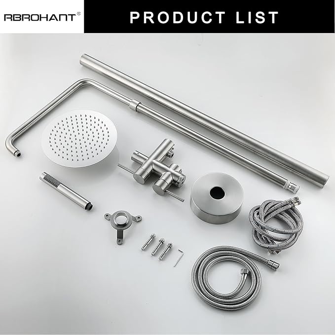 RBROHANT Freestanding Outdoor Shower Nickel, Height Adjustable Outside Showers for Backyard Garden Pool Beach, Outdoor Shower Fixtures with 10” Rain Shower Head and Handheld, Brushed Nickel, JK0317