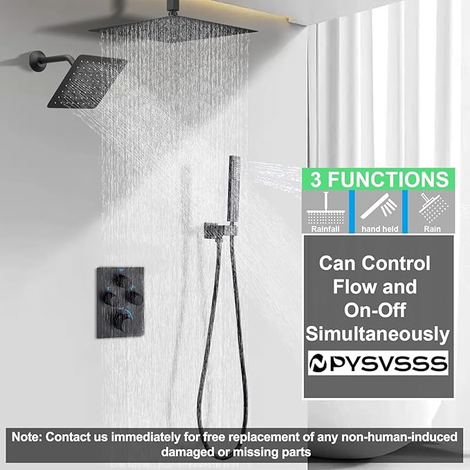 Modern Push Button 3 Way Thermostatic Shower Valve, Concealed Multi Function Brass Faucet Rough-In Mixer Shower Diverter Valve Kit Can Control Flow and On-Off Simultaneously, Matte Black