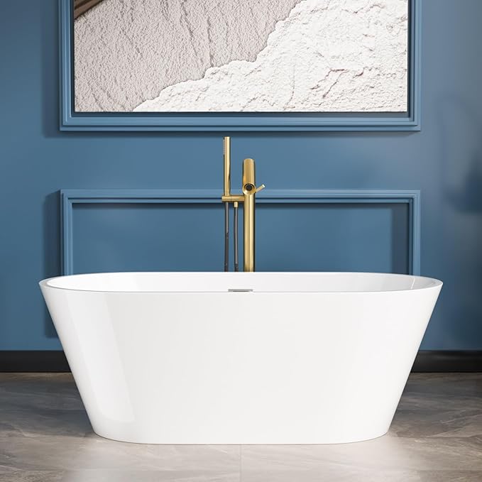 Sarlai 59 Inch Acrylic Freestanding Soaking Bathtub Contemporary Soaking White Tub Stand Alone Ergonomic Bathtub with Gold Drain