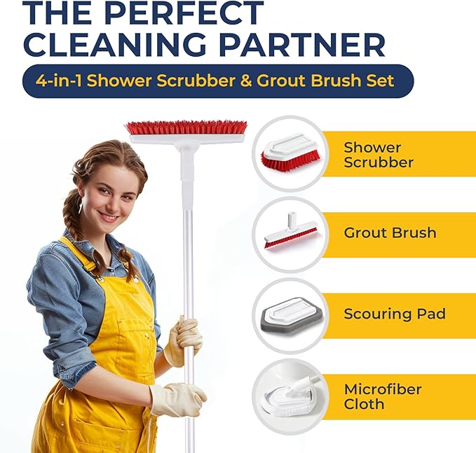 Fox Trot Ultimate Cleaning Duo: Grout Brush with Long Handle & Shower Scrubber Brush Set