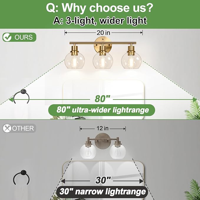 3-Light Bathroom Light Fixtures, Brushed Gold Modern Vanity Lights Over Mirror with Clear Glass Globe Shade, Bathroom Wall Sconces for Mirror Kitchen Living Room Hallway Cabinet Bedroom Porch