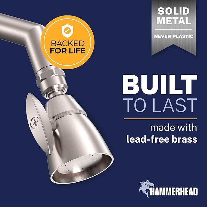 HammerHead Showers® Solid Metal 2 Inch High Pressure Shower Heads - BRUSHED NICKEL – 2.5 GPM Shower Heads High Pressure - High Flow Shower Head with ADJUSTABLE SPRAY PATTERN - Fixed Shower Head
