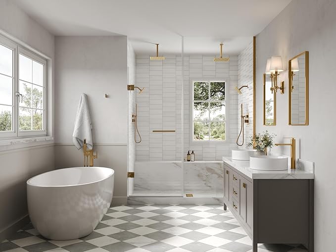 Ceiling Mount 12" High-Pressure Rainfall Shower Faucet, Dual Rainfall Shower Head System with Valve (Brushed Gold)
