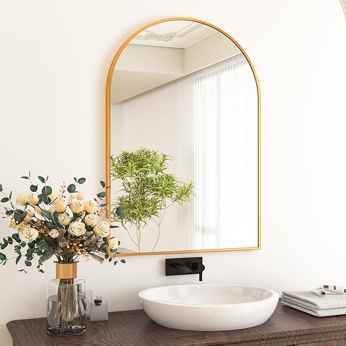HARRITPURE Arched Bathroom Mirror 24" x 36“ Gold Modern Wall Mirror Aluminum Alloy Frame Decorative Mirrors for Bedroom Living Room Entryway