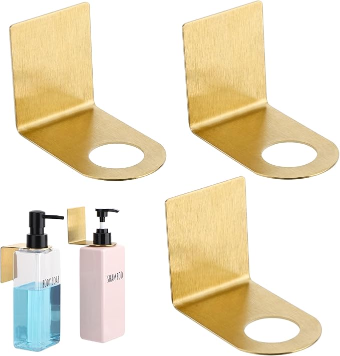 Segbeauty Stainless Soap Bottle Dispenser Holder,Pack of 3 Dia 1.1in 2.8cm Drill-Free Dispenser Holder Wall Mounted Rack, Adhesive Wall Mount Bottle Holder for Bathroom Toilet Kitchen Gold
