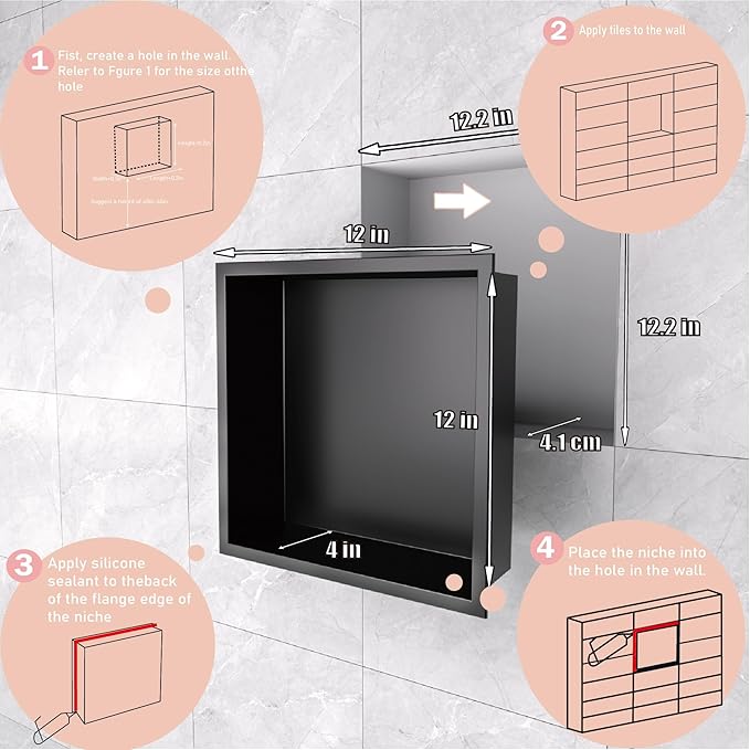 12x12 Matte Black Shower Niche - Stainless Steel Tile-Ready Bathroom Storage for Small Showers