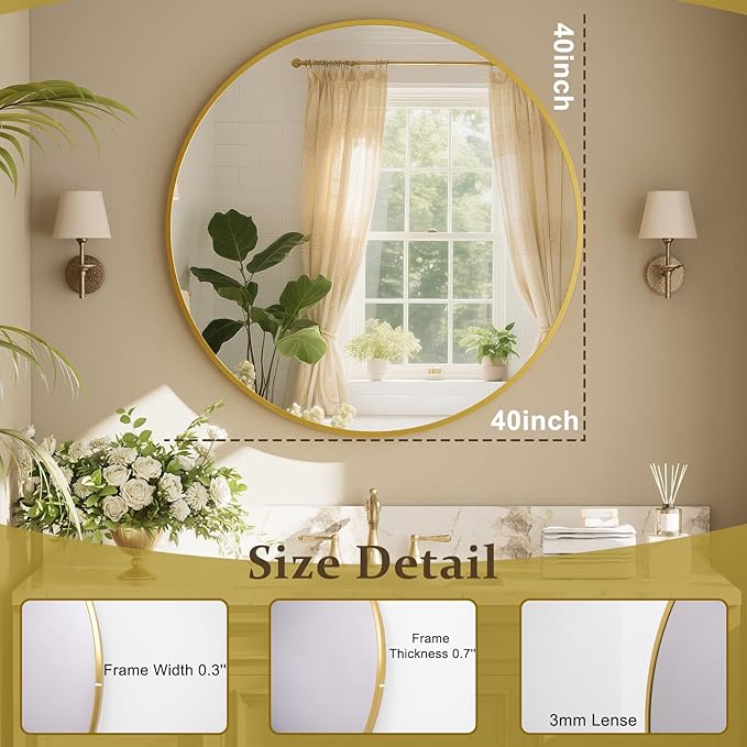 42 Inch Round Gold Metal Wall Mirror - Stylish Circle Mirror for Entryway, Bathroom, and Living Room Decor | Matte Gold Circle Wall Mirror