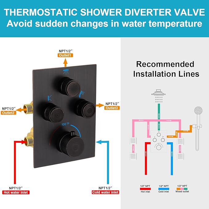 Push Button 3 Way Thermostatic Shower Diverter Valve, Concealed 3 Outlet Multi Function Brass Mixer Shower Valve Kit Can Control Flow and On-Off Simultaneously, Oil Rubbed Bronze