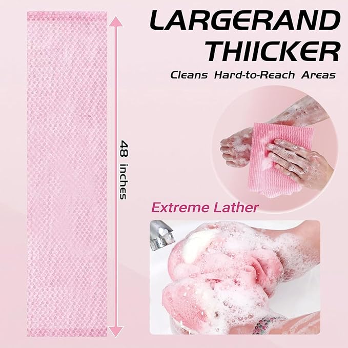 Blissal Exfoliating Shower Towel 47", Premium Scrub Wash Cloth for Body Face, Blissal Shower Towel for Smooth Skin, Quick Drying Durable-Body Scrubber with 2 Sides for All Skin Types (Pink)