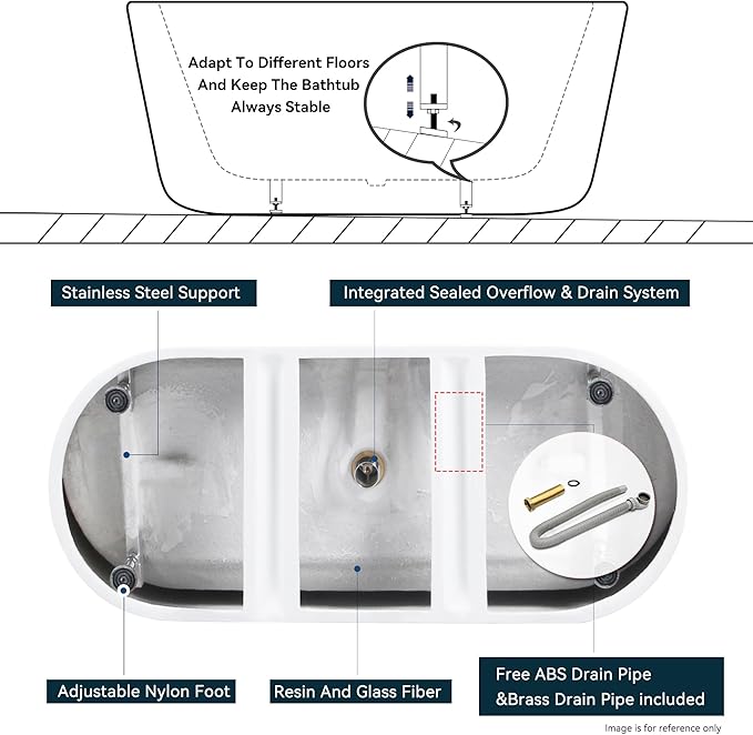 FerdY 59" Shangri-La Elite, Acrylic Freestanding Bathtub, Modern & Contemporary Design Soaking Tub with Polished Gold Pop-Up Drain and Minimalist Design Overflow, Glossy White, cUPC Certified