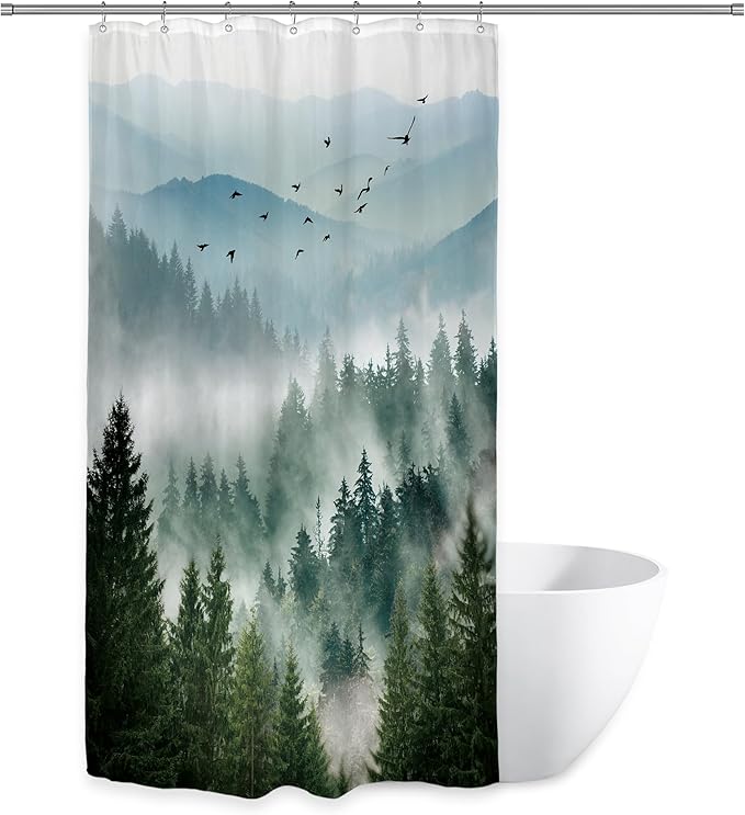 Riyidecor Small Stall Mountain Shower Curtain 36Wx72H Inch Green Rv Single Rustic Foggy Misty Nature Pine Tree Scenery Woodland Mens Bathroom Decor Fabric Polyester Waterproof 7 Pack Hooks