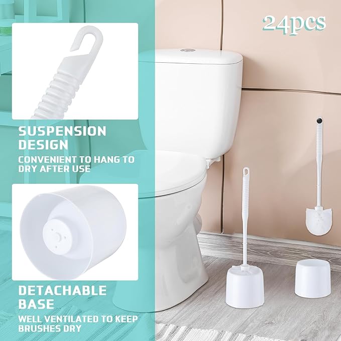 Roshtia 24 Sets Toilet Brush and Holder Set for Bathroom Toilet Bowl Brush Scrubber with Caddy for Deep Cleaning, 14.57 Height (White)
