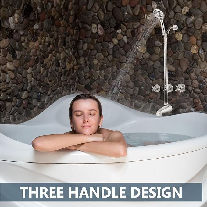 Aolemi 3 Handles Tub Shower Faucet Set with Valve Bathtub Combo Set Shower System Complete Trim Kit Wall Mounted Brushed Nickel