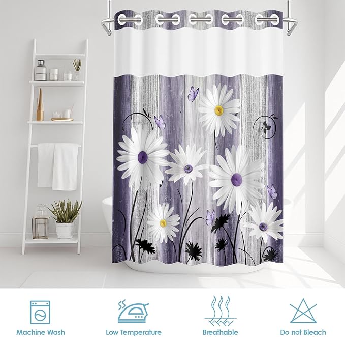 No Hook Flower Daisy Shower Curtain with Snap in Fabric Liner Set, Purple Wooden Boards Double Layers Waterproof Fabric with See Through Top Window Open Grommet Bath Curtain 71x86 Inch