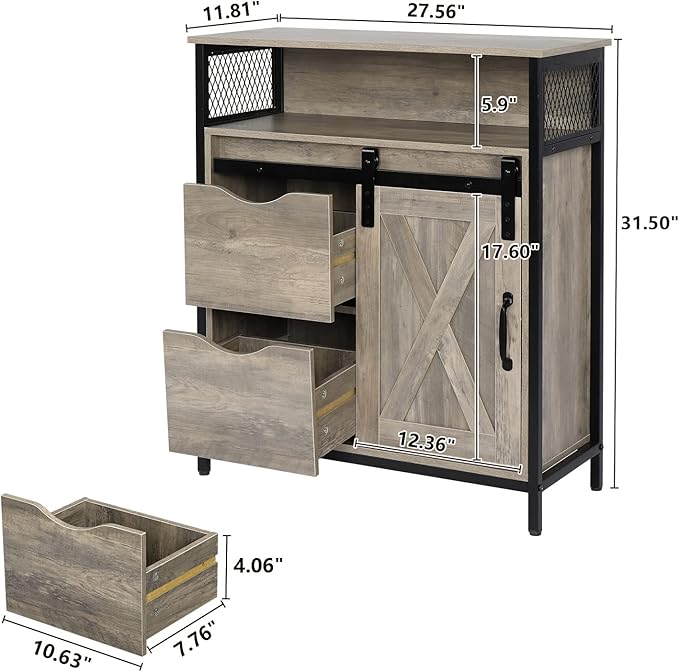 VINGLI Farmhouse Bathroom Floor Storage Cabinet, Rustic Freestanding Cabinet Organizer w/Sliding Barn Door, 2 Large Drawers and Adjustable Shelves (Wash Grey)