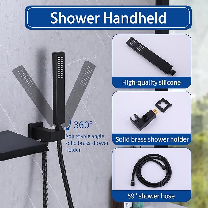 Taplong Wall Mount Tub Faucet with Waterfall Tub Spout Wall Mounted Tub Filler with Handheld Sprayer Black Bathtub Faucet Solid Brass Single Handle Shower Faucet Set with High Flow Rough in Valve