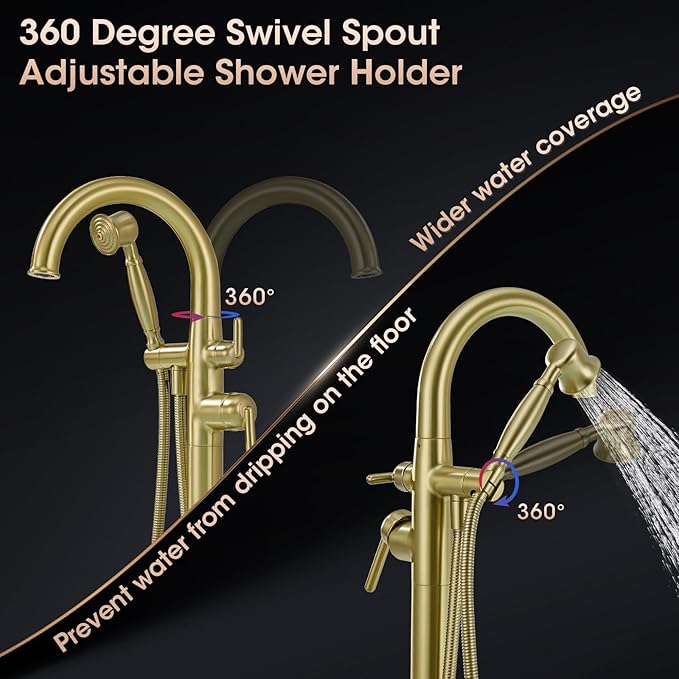 Freestanding Tub Faucets, Brass Freestanding Bathtub Faucet with Hand Shower, Floor Mount Tub Filler with Sprayer Brushed Light Gold（WT-9811BG03）