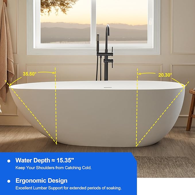 Cpingao 63" Stone Resin Freestanding Bathtub, Oval Solid Surface Contemporary Soaking Tub, Matte White Flatbottom Tubs with Overflow and Pop-up Drain, cUPC Certified 8848-1600