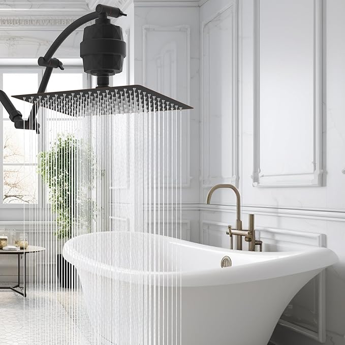 Hibbent All Metal Rain Filtered Shower Head, 12'' High Pressure Rainfall Showerhead with 16" Shower Extension Arm, 20 Stage Shower Filter, Solid Brass Adjustable Shower Arm Extender, Oil-Rubbed Bronze