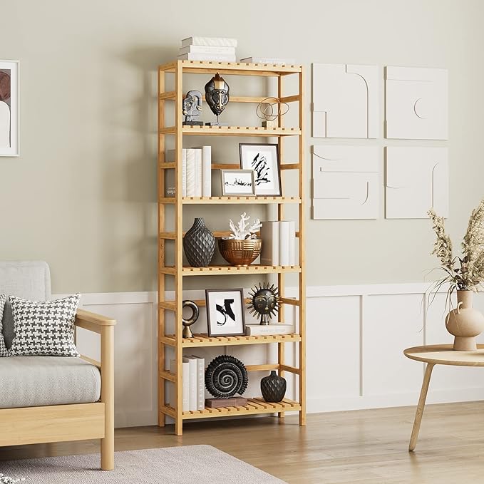 Bamjoy Bamboo Shelf, 6 Tier Bookcase Storage Shelves, Tall Book Rack Shelving Unit, Multipurpose Storage Display Shelf Adjustable Storage Rack for Bathroom Home Office Living Room Kitchen, Natural