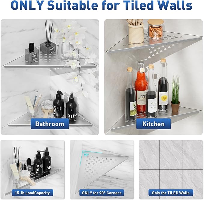Corner Shower Shelf 10" Slot Design Bathroom Shelves for Tiled Wall, 304 Stainless Steel Recessed Organizer Corner Shelves for Inside Shower Decor, 2 Pack, Silver (Square)