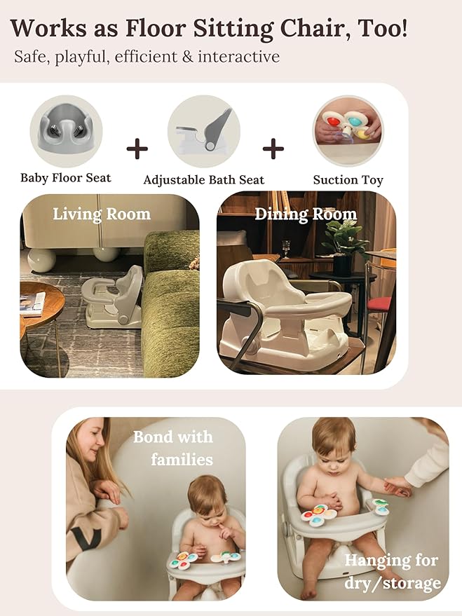 Cuddobaby Baby Bath Seat 3-in-1 【360° Protection Against Side Tipping, 3-Level Adjustable】 ASTM Approved Safety, Detachable Arm, Sitting Up or Lying, Strong Suction, Fit for Flat Surfaces - Gray