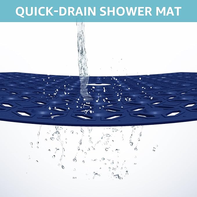 OTHWAY Square Shower Mat, 27"x 27" Extra Large Shower Mats for Inside Shower, TPE Anti Slip Shower mat with Suction Cups Drain Holes, Machine Washable Shower Floor Mat (Navy Blue)