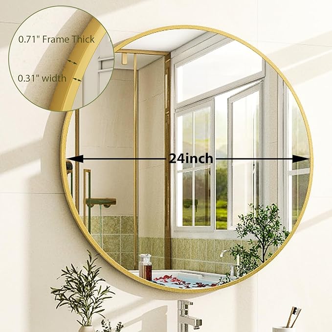 24 Inch Round Bathroom Mirror - Gold Wall Mounted Circle Mirror with Metal Frame, Modern Round Hanging Mirror Suitable for Bathroom, Vanity, Entryway, Living Room