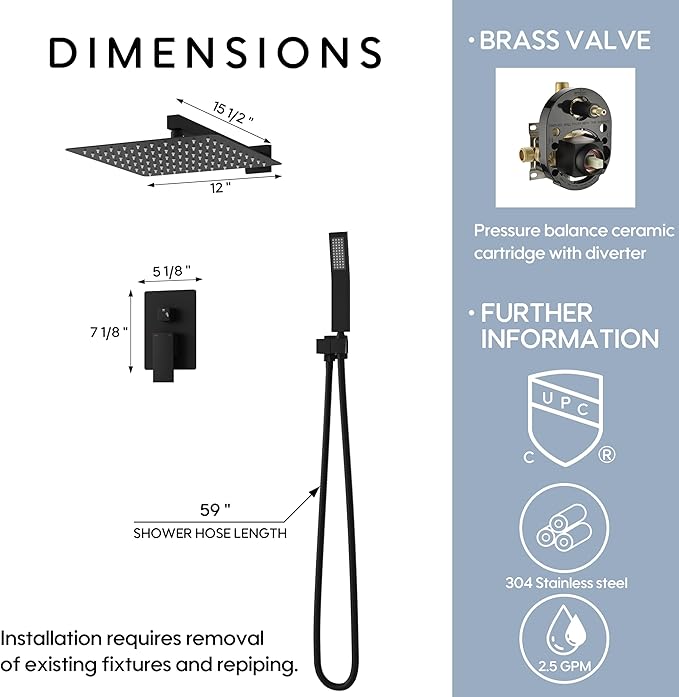 WELLFOR 12-In Wall Mounted Rain Shower Faucet with Single Handle and Handheld Spray, Waterfall Dual Head Shower Head System with 2-way Diverter, Pressure-balanced Valve Included, Matte Black
