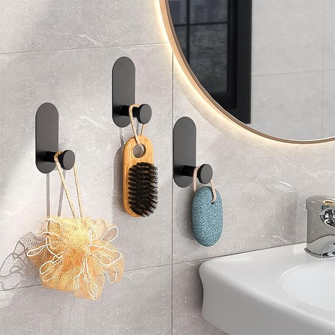 TocTen Adhesive Hook - 3 Pack Heavy Duty Sticky Towel/Robe Hook, Waterproof Stainless Steel Shower Hook, No Drill Stick on Wall Coat/Clothes Hooks for Bathroom, Kitchen, and Offices(Matte Black)