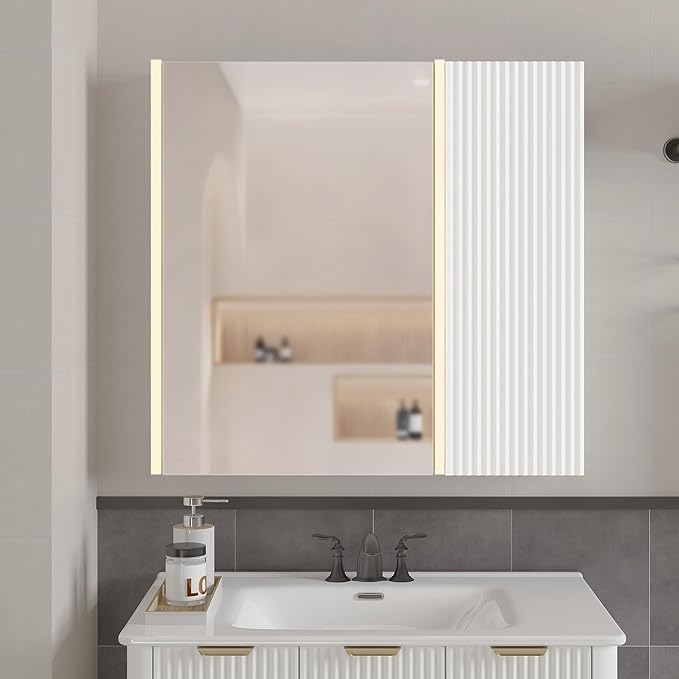 Lighted Bathroom Medicine Cabinet with Mirror，30 x 28 Inch Wall-Mounted Bathroom Wall Cabinet with Storage, LED Lights, Adjustable Shelves,White