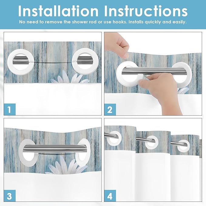 No Hook Blue Daisy Shower Curtain with Snap in Fabric Liner Set, Wooden Boards Double Layers Waterproof Fabric with See Through Top Window Open Grommet Bath Curtain 54x80 Inch