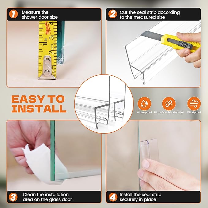 2PCS 78" Shower Door Side Seal Strip for 3/8" (10mm) Frameless Glass, Clear PVC Waterproof Shower Sweep, Easy to Install, No Adhesive Needed, Cuttable & Durable for Leak Prevention