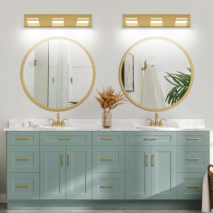 SineRise LED Modern Bathroom Vanity Light Fixtures (3-Light, 24-Inch, Dimmable), Brass Modern Acrylic Bathroom Wall Lighting Fixtures Over Mirror (Cool White 6000K)