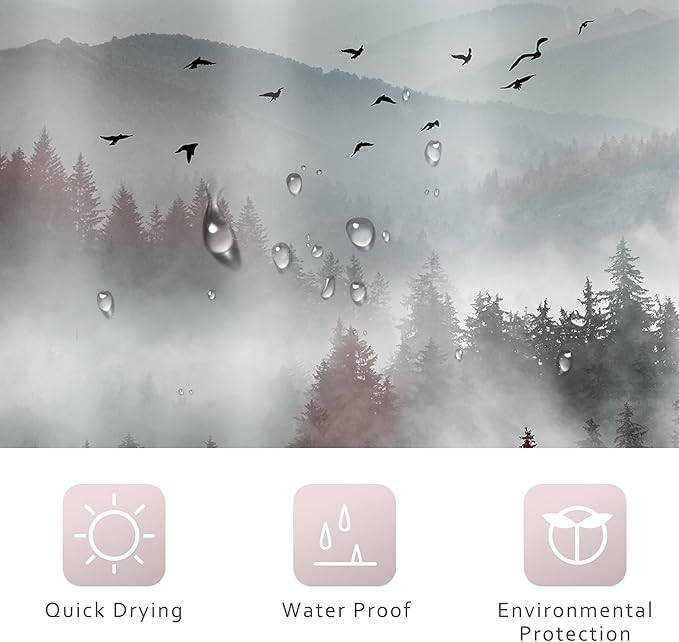 Riyidecor Red Black Mountain Shower Curtain 72Wx72H Inch Nature Scenery Foggy Pine Tree Scenic Woodland Cool Landscape Foggy Natural Mens Bathroom Decor Fabric Polyester Waterproof 12 Pack Hooks