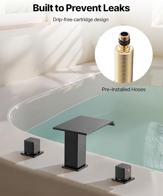 VEVOR Roman Tub Faucet, 3 Hole Waterfall Bathtub Faucet, Roman Bathtub Faucets Set with 2 Handles, Deck Mount Bath Tub Faucets Set for Pet Washing, Baby Care, Adult Bathing, Matte Black, Drip-Free